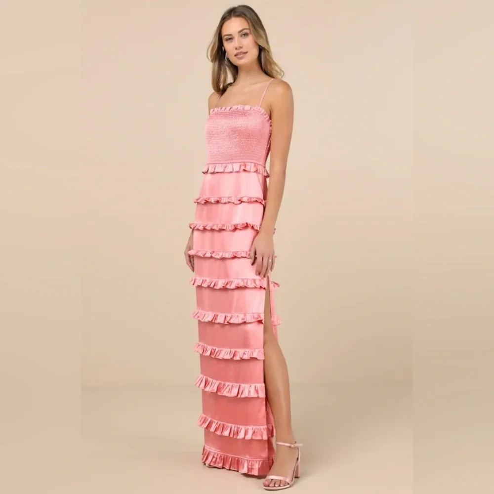 Lulus Sincerely Fabulous Peach Pink Satin Smocked Ruffled Maxi Dress - Size L - Picture 3 of 10